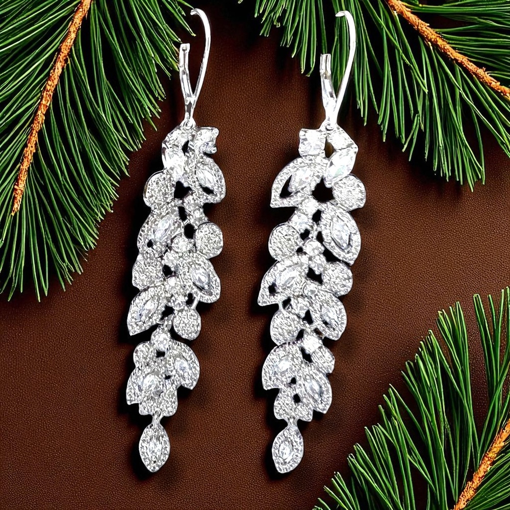 Long Cubic Zirconia Sterling Silver Earrings: Wedding Jewelry